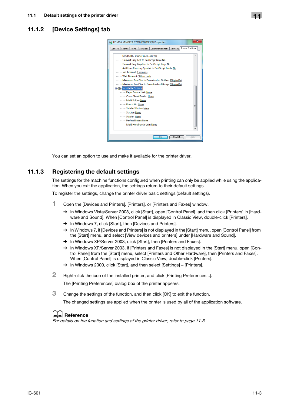 2 [device settings] tab, 3 registering the default settings, Device settings] tab -3 | Registering the default settings -3, P. 11-3 | Konica Minolta bizhub PRESS C70hc User Manual | Page 130 / 249
