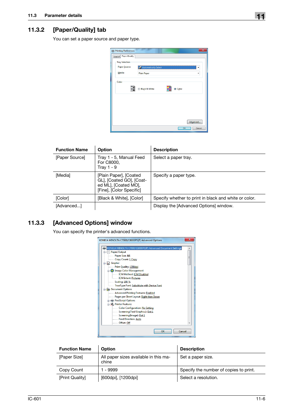 2 [paper/quality] tab, 3 [advanced options] window, Paper/quality] tab -6 | Advanced options] window -6, P. 11-6 | Konica Minolta bizhub PRESS C70hc User Manual | Page 133 / 249