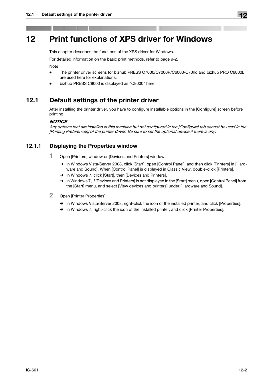 12 print functions of xps driver for windows, 1 default settings of the printer driver, 1 displaying the properties window | Print functions of xps driver for windows, Default settings of the printer driver -2, Displaying the properties window -2 | Konica Minolta bizhub PRESS C70hc User Manual | Page 140 / 249