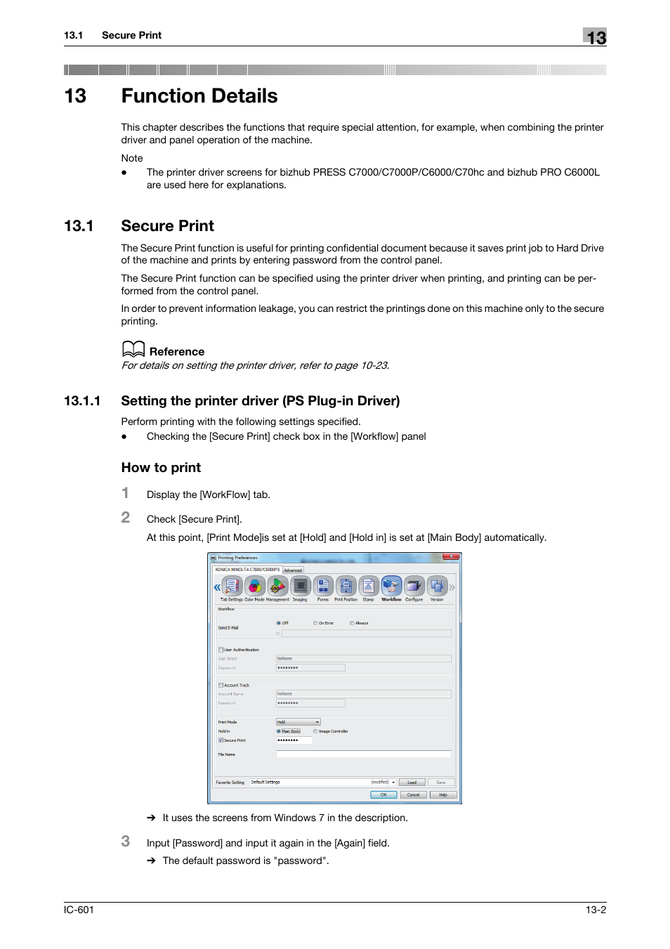 13 function details, 1 secure print, 1 setting the printer driver (ps plug-in driver) | How to print, Function details, Secure print -2, Setting the printer driver (ps plug-in driver) -2 | Konica Minolta bizhub PRESS C70hc User Manual | Page 167 / 249