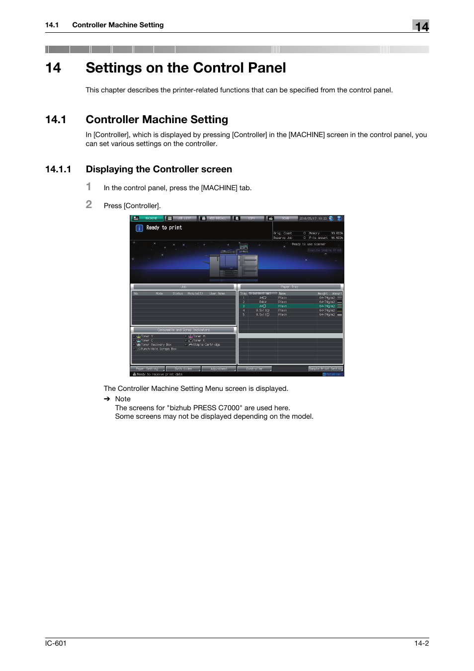 14 settings on the control panel, 1 controller machine setting, 1 displaying the controller screen | Settings on the control panel, Controller machine setting -2, Displaying the controller screen -2 | Konica Minolta bizhub PRESS C70hc User Manual | Page 180 / 249