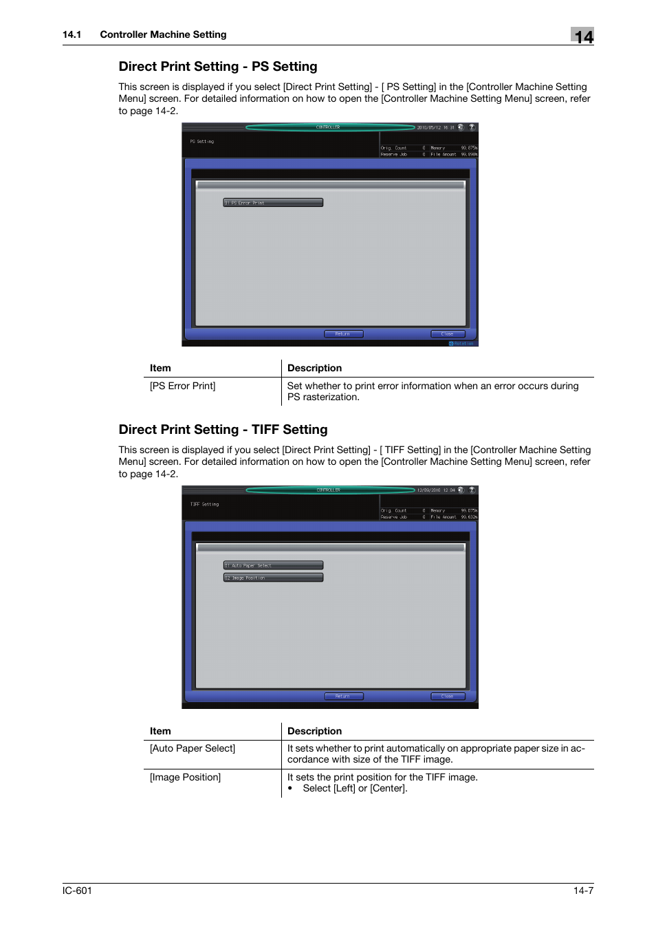 Direct print setting - ps setting, Direct print setting - tiff setting | Konica Minolta bizhub PRESS C70hc User Manual | Page 185 / 249