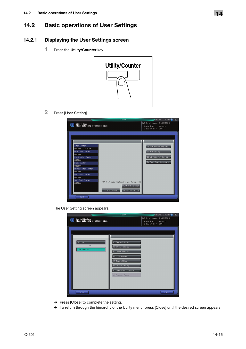 2 basic operations of user settings, 1 displaying the user settings screen, Basic operations of user settings -16 | Displaying the user settings screen -16 | Konica Minolta bizhub PRESS C70hc User Manual | Page 194 / 249