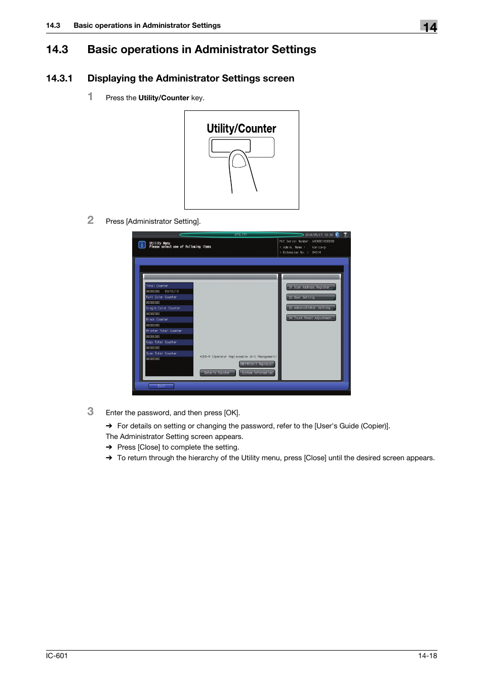 3 basic operations in administrator settings, 1 displaying the administrator settings screen, Basic operations in administrator settings -18 | Displaying the administrator settings screen -18 | Konica Minolta bizhub PRESS C70hc User Manual | Page 196 / 249