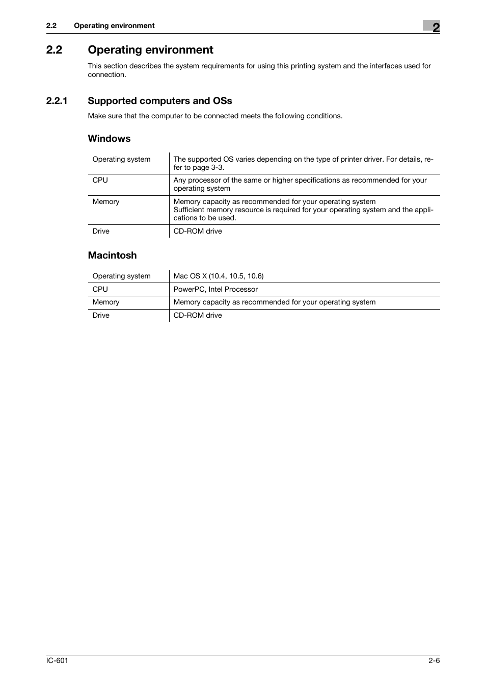 2 operating environment, 1 supported computers and oss, Windows | Macintosh, Operating environment -6, Supported computers and oss -6 | Konica Minolta bizhub PRESS C70hc User Manual | Page 20 / 249