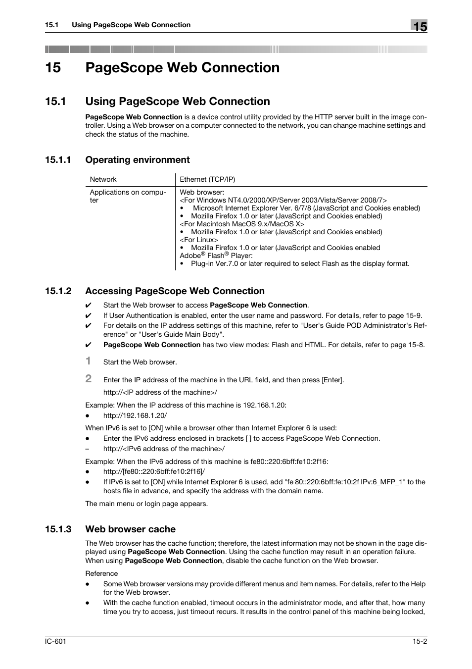 1 operating environment, 3 web browser cache, Operating environment -2 | Web browser cache -2, 15 pagescope web connection, 1 using pagescope web connection | Konica Minolta bizhub PRESS C70hc User Manual | Page 202 / 249