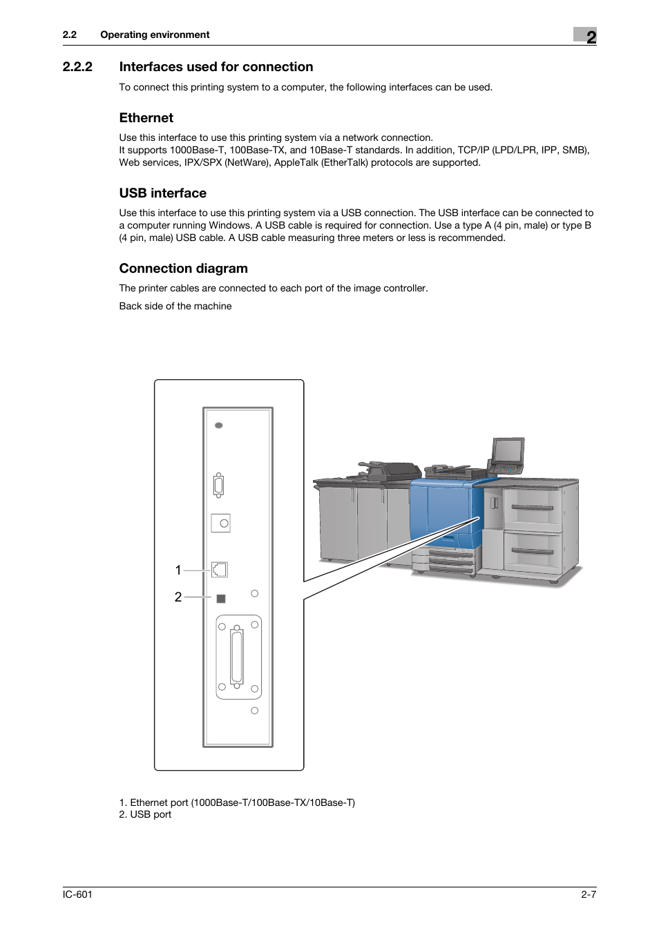 2 interfaces used for connection, Ethernet, Usb interface | Connection diagram, Interfaces used for connection -7 | Konica Minolta bizhub PRESS C70hc User Manual | Page 21 / 249