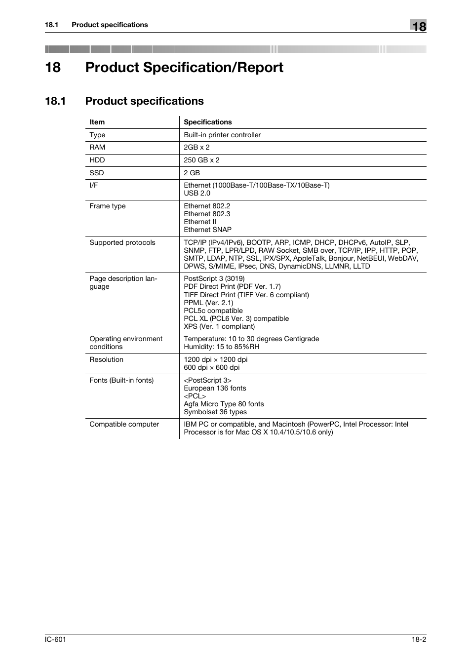 18 product specification/report, 1 product specifications, Product specification/report | Product specifications -2 | Konica Minolta bizhub PRESS C70hc User Manual | Page 229 / 249