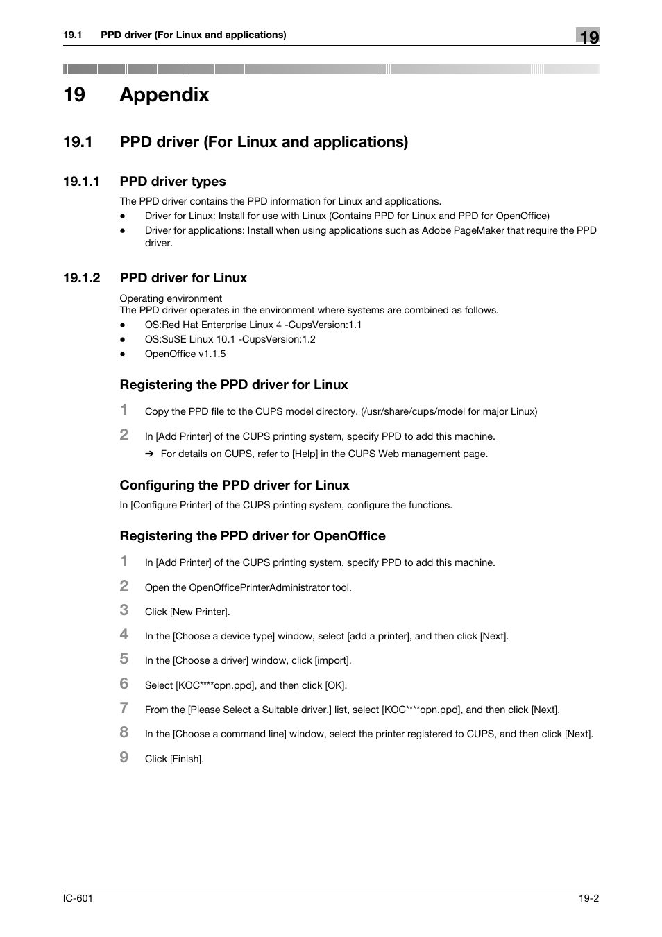 19 appendix, 1 ppd driver (for linux and applications), 1 ppd driver types | 2 ppd driver for linux, Registering the ppd driver for linux, Configuring the ppd driver for linux, Registering the ppd driver for openoffice, Appendix, Ppd driver (for linux and applications) -2, Ppd driver types -2 | Konica Minolta bizhub PRESS C70hc User Manual | Page 239 / 249