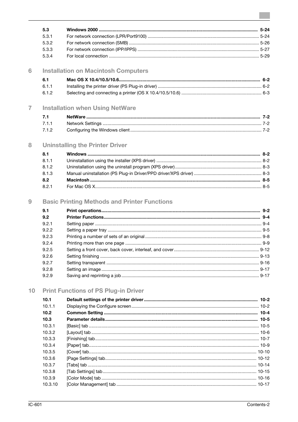 6installation on macintosh computers, 7installation when using netware, 8uninstalling the printer driver | 9basic printing methods and printer functions, 10 print functions of ps plug-in driver | Konica Minolta bizhub PRESS C70hc User Manual | Page 3 / 249