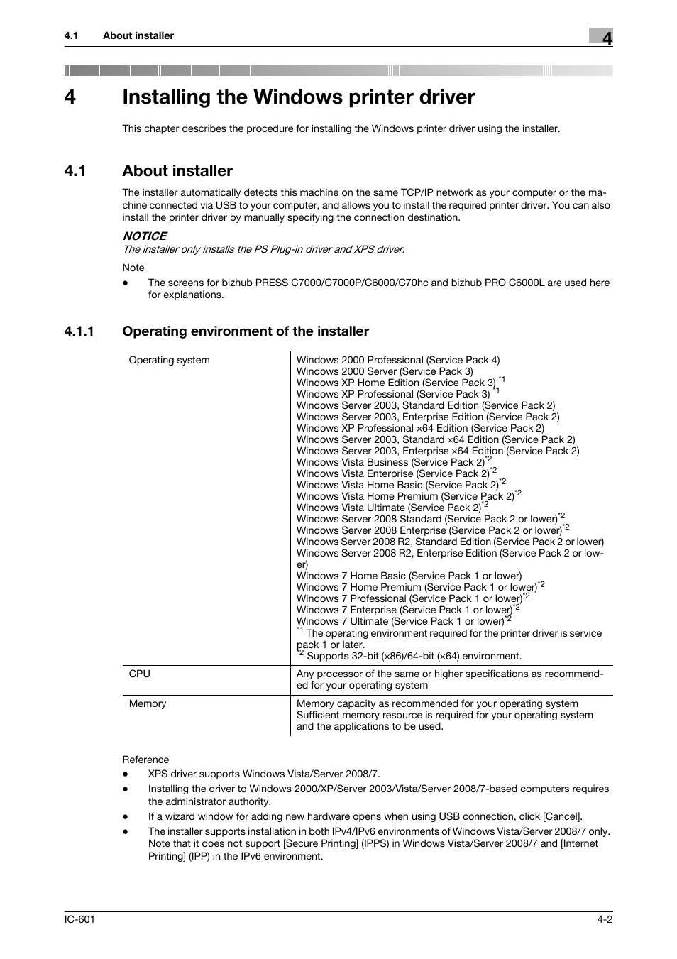 4 installing the windows printer driver, 1 about installer, 1 operating environment of the installer | Installing the windows printer driver, About installer -2, Operating environment of the installer -2, P. 4-2, 4installing the windows printer driver | Konica Minolta bizhub PRESS C70hc User Manual | Page 31 / 249