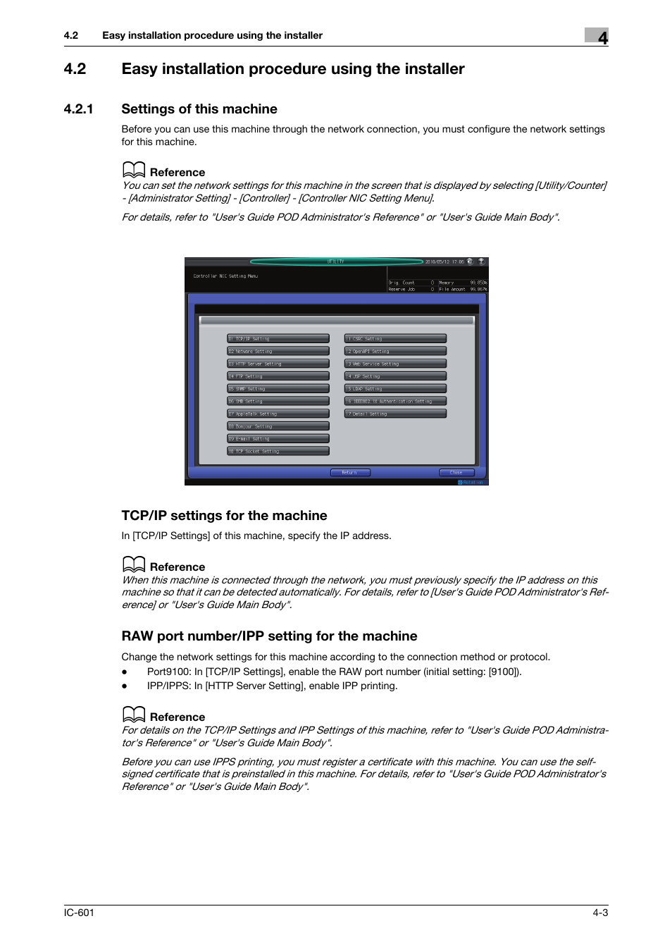 2 easy installation procedure using the installer, 1 settings of this machine, Tcp/ip settings for the machine | Raw port number/ipp setting for the machine, Easy installation procedure using the installer -3, Settings of this machine -3 | Konica Minolta bizhub PRESS C70hc User Manual | Page 32 / 249