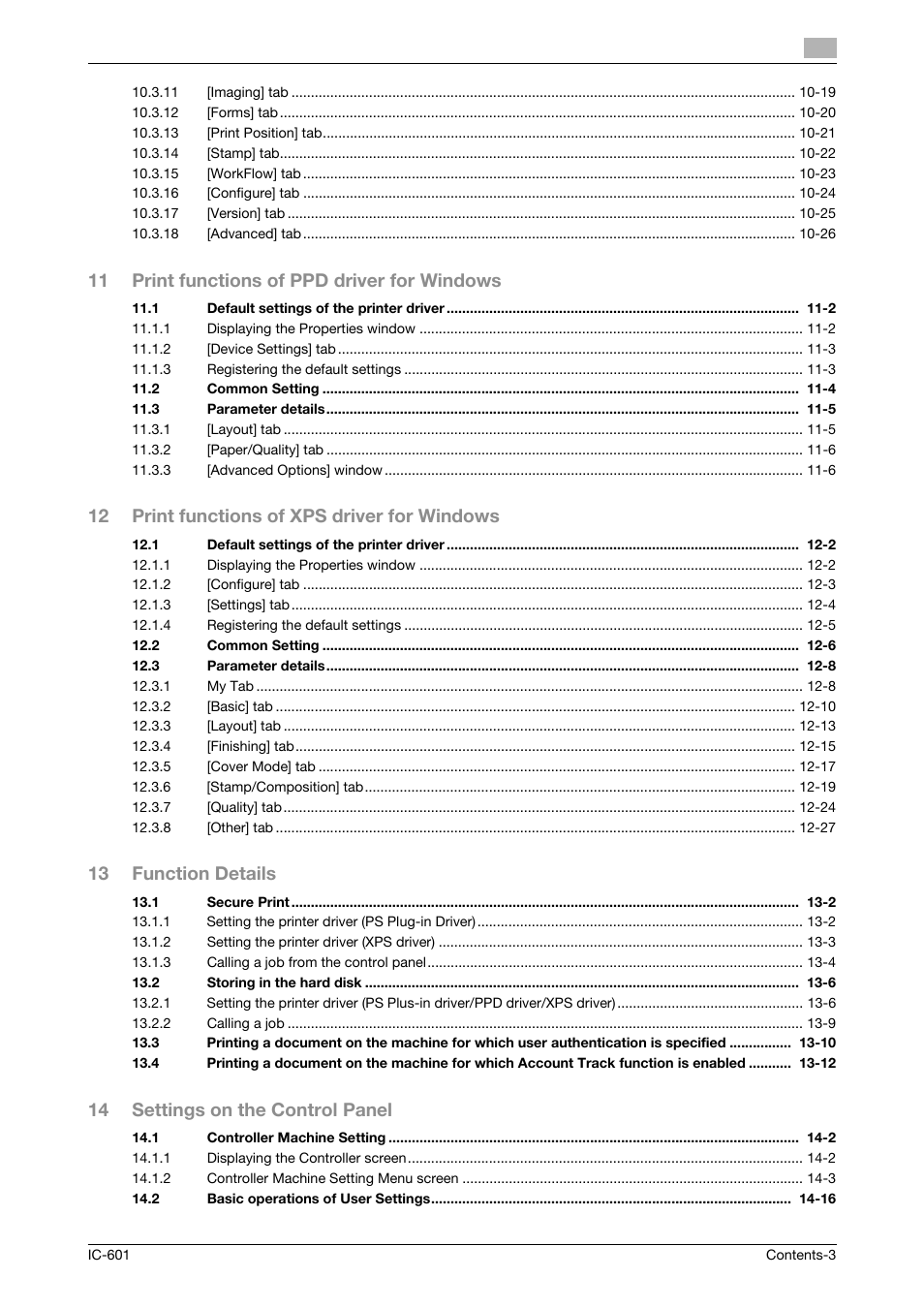 11 print functions of ppd driver for windows, 12 print functions of xps driver for windows, 13 function details | 14 settings on the control panel | Konica Minolta bizhub PRESS C70hc User Manual | Page 4 / 249