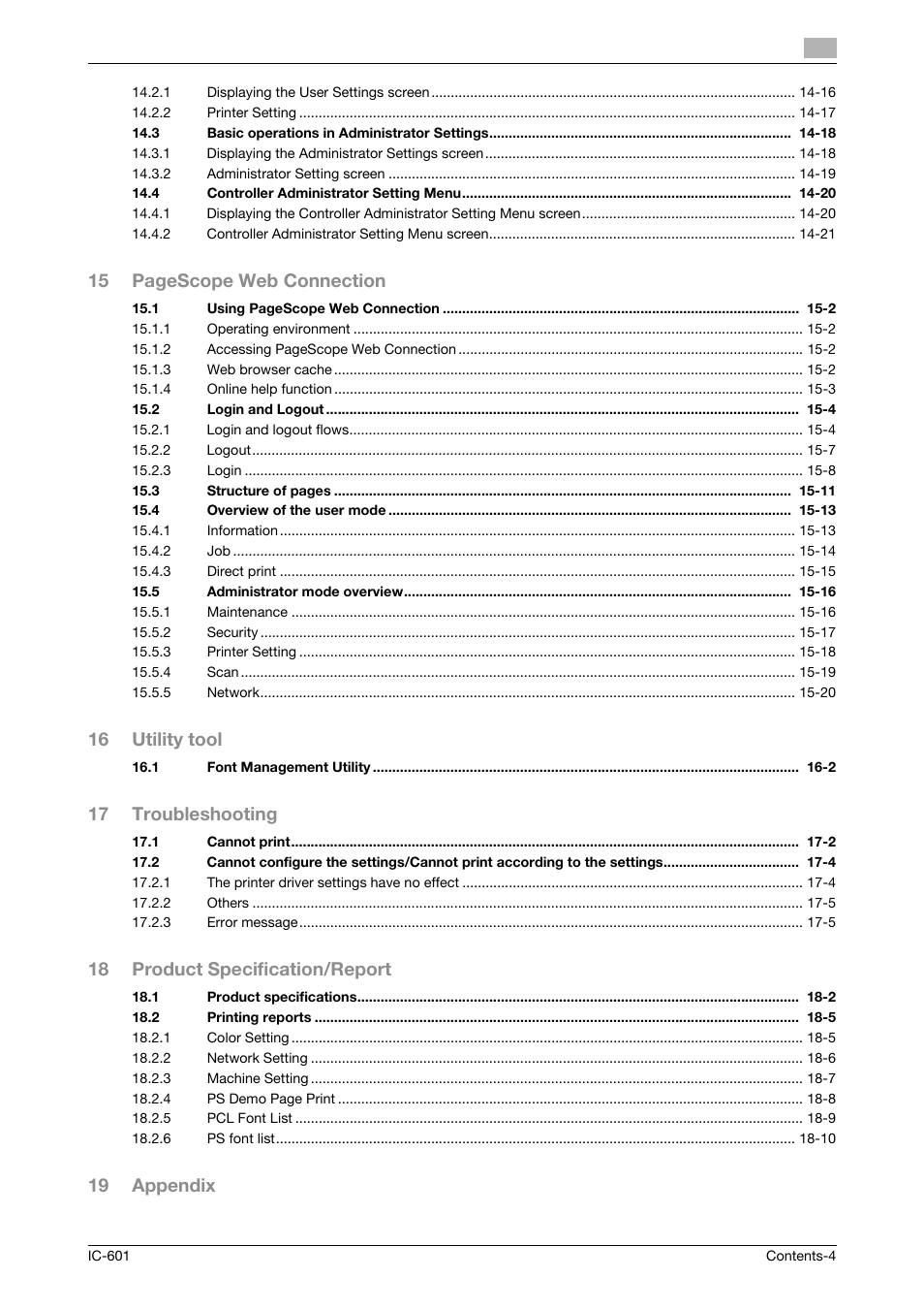 15 pagescope web connection, 16 utility tool, 17 troubleshooting | 18 product specification/report, 19 appendix | Konica Minolta bizhub PRESS C70hc User Manual | Page 5 / 249