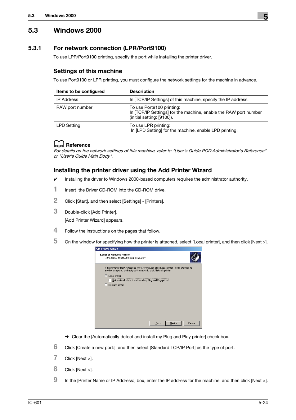 3 windows 2000, 1 for network connection (lpr/port9100), Settings of this machine | Windows 2000 -24, For network connection (lpr/port9100) -24, P. 5-24 | Konica Minolta bizhub PRESS C70hc User Manual | Page 62 / 249