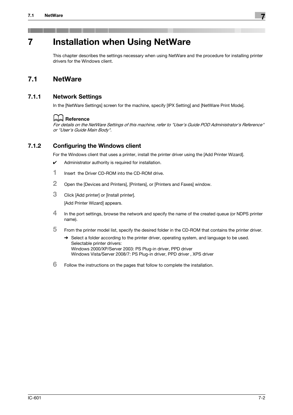 7 installation when using netware, 1 netware, 1 network settings | 2 configuring the windows client, Installation when using netware, Netware -2, Network settings -2, Configuring the windows client -2, 7installation when using netware | Konica Minolta bizhub PRESS C70hc User Manual | Page 79 / 249