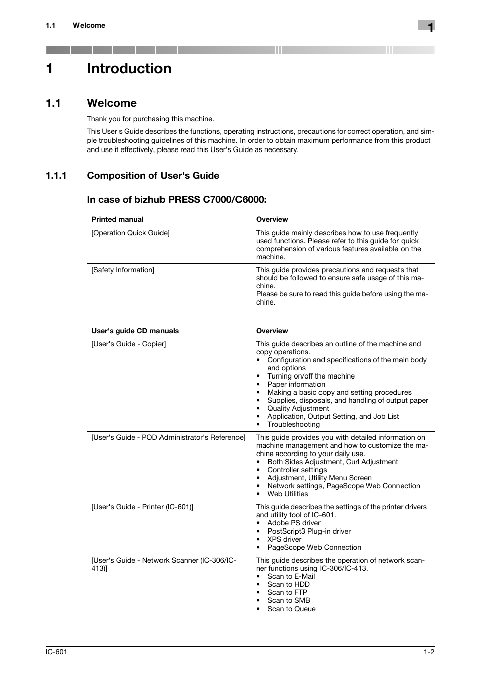 1 introduction, 1 welcome, 1 composition of user's guide | In case of bizhub press c7000/c6000, Introduction, Welcome -2, Composition of user's guide -2, 1introduction | Konica Minolta bizhub PRESS C70hc User Manual | Page 8 / 249