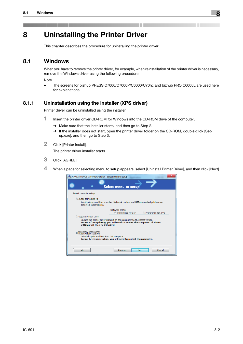 8 uninstalling the printer driver, 1 windows, 1 uninstallation using the installer (xps driver) | Uninstalling the printer driver, Windows -2, Uninstallation using the installer (xps driver) -2, 8uninstalling the printer driver | Konica Minolta bizhub PRESS C70hc User Manual | Page 81 / 249
