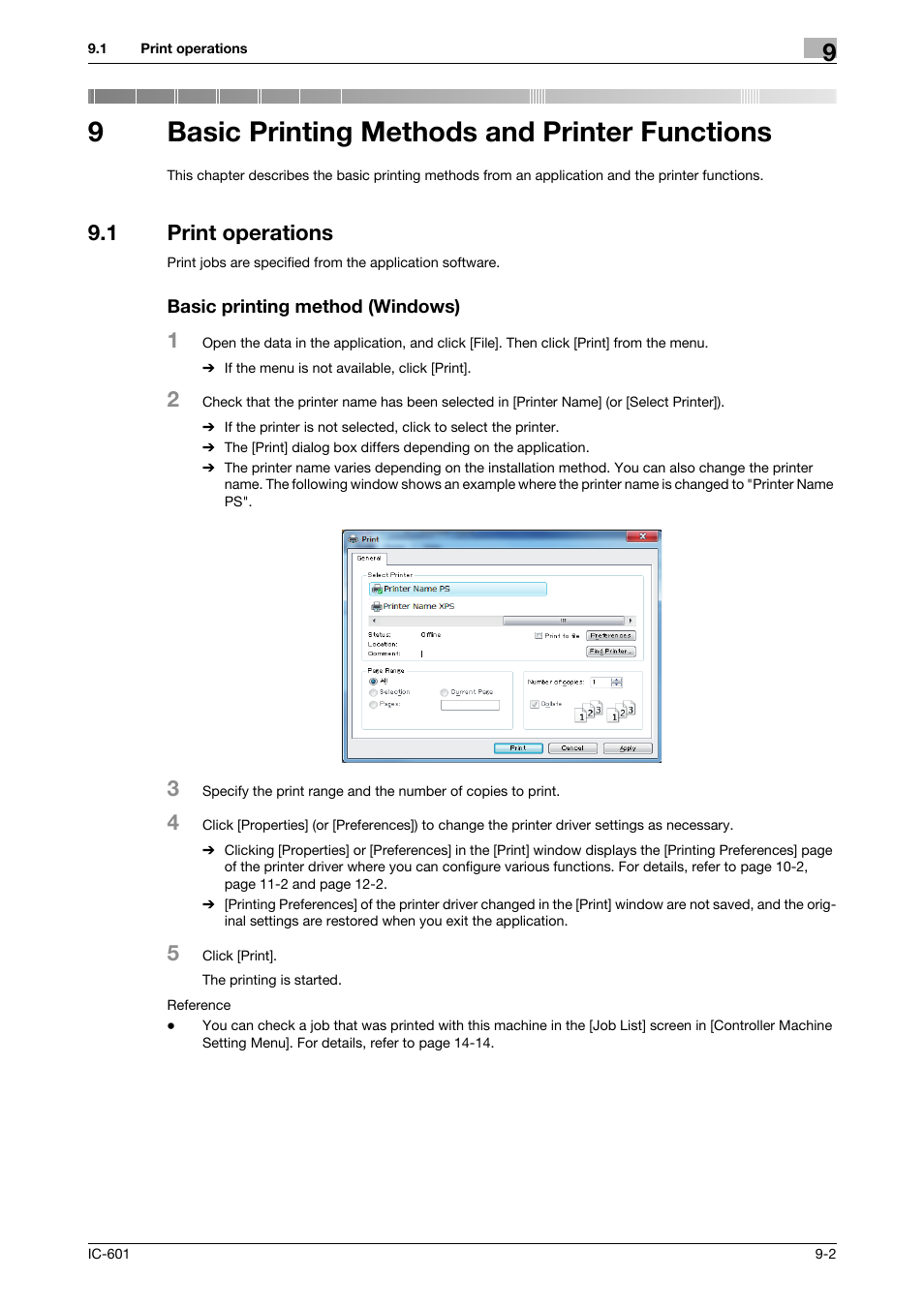 9 basic printing methods and printer functions, 1 print operations, Basic printing method (windows) | Basic printing methods and printer functions, Print operations -2, 9basic printing methods and printer functions | Konica Minolta bizhub PRESS C70hc User Manual | Page 86 / 249