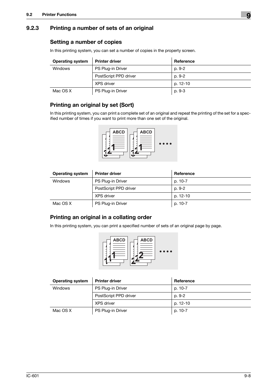 3 printing a number of sets of an original, Setting a number of copies, Printing an original by set (sort) | Printing an original in a collating order, Printing a number of sets of an original -8 | Konica Minolta bizhub PRESS C70hc User Manual | Page 92 / 249