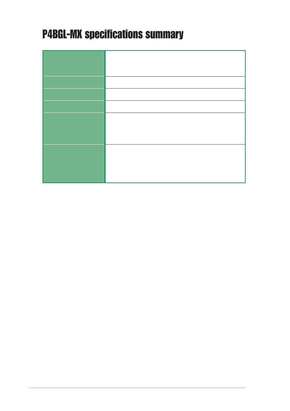 P4bgl-mx specifications summary | Asus P4BGL-MX User Manual | Page 10 / 67