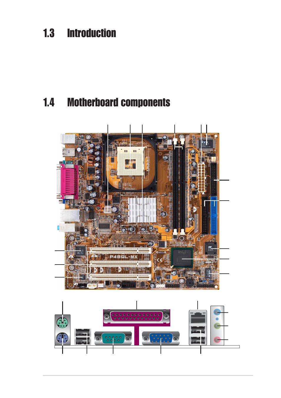 3 introduction, 4 motherboard components | Asus P4BGL-MX User Manual | Page 13 / 67