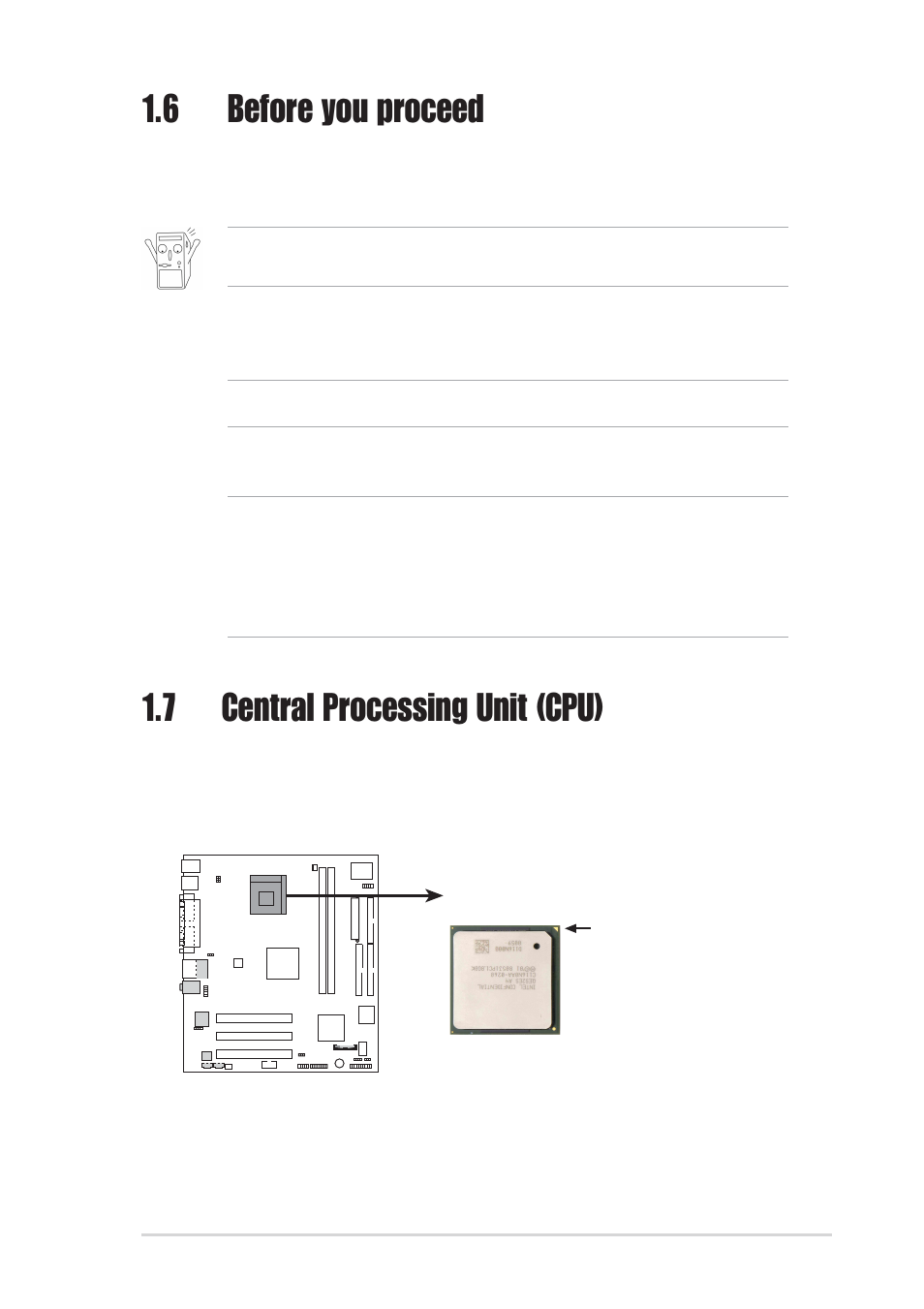 6 before you proceed, 7 central processing unit (cpu) | Asus P4BGL-MX User Manual | Page 17 / 67