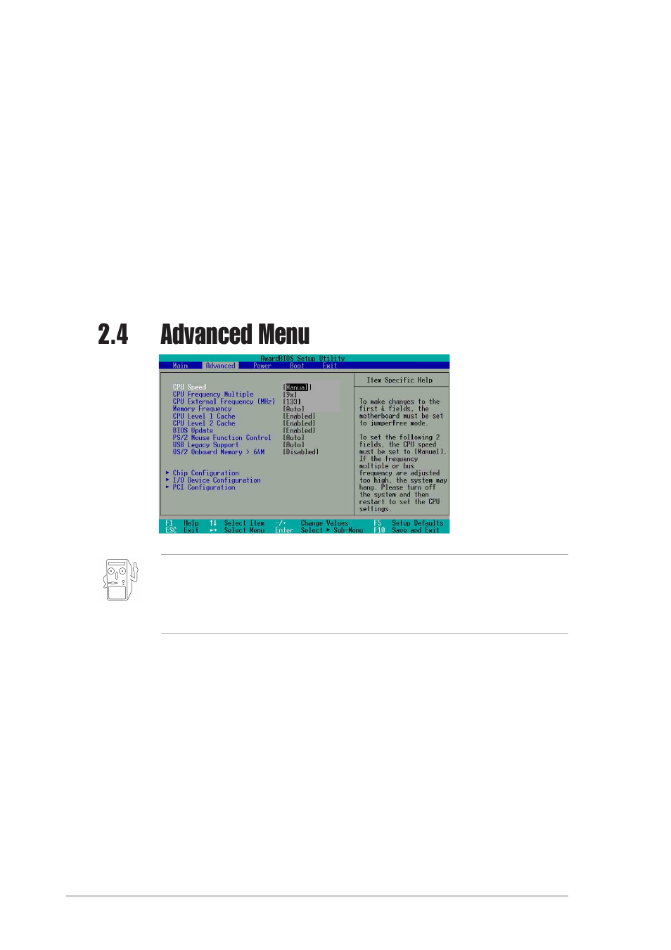 4 advanced menu | Asus P4BGL-MX User Manual | Page 44 / 67