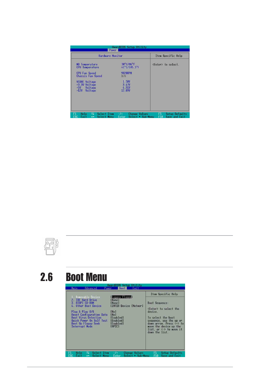 6 boot menu, 2 hardware monitor | Asus P4BGL-MX User Manual | Page 54 / 67