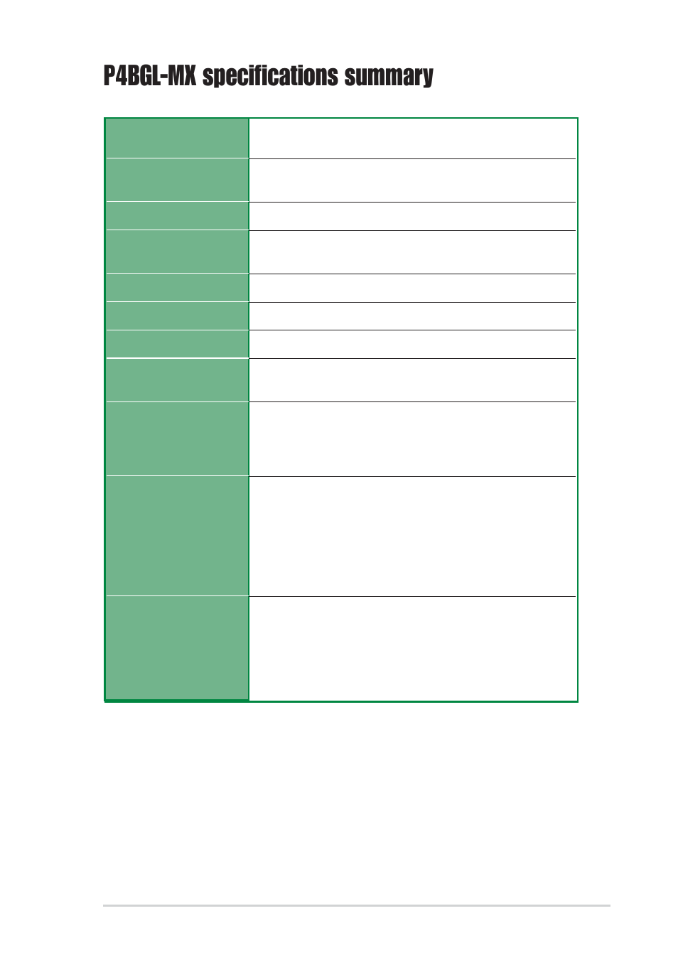 P4bgl-mx specifications summary | Asus P4BGL-MX User Manual | Page 9 / 67