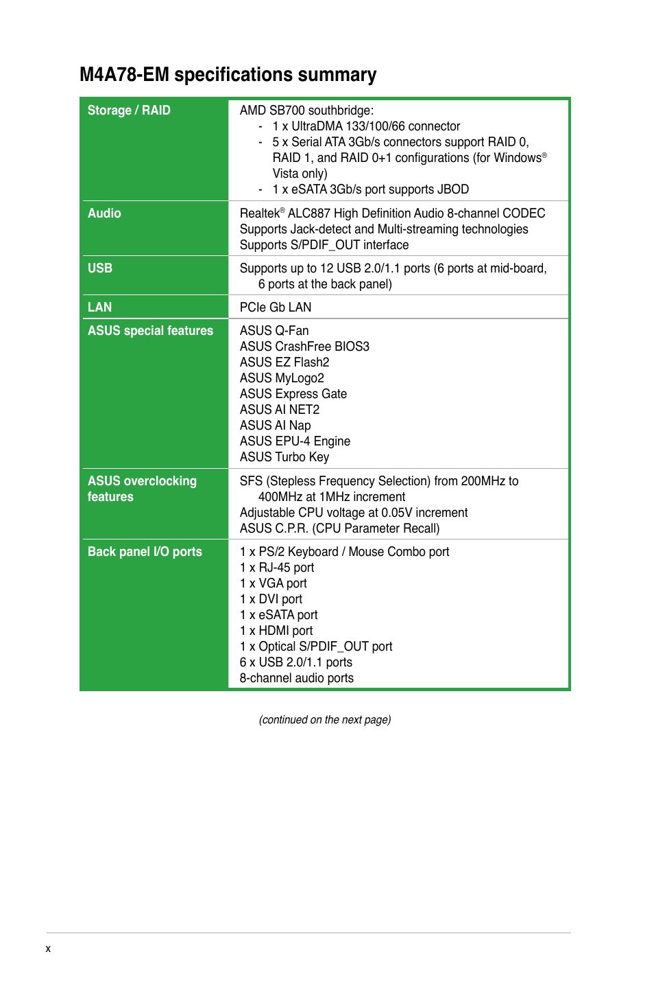 M4a78-em specifications summary | Asus Motherboard M4A78-EM User Manual | Page 10 / 64