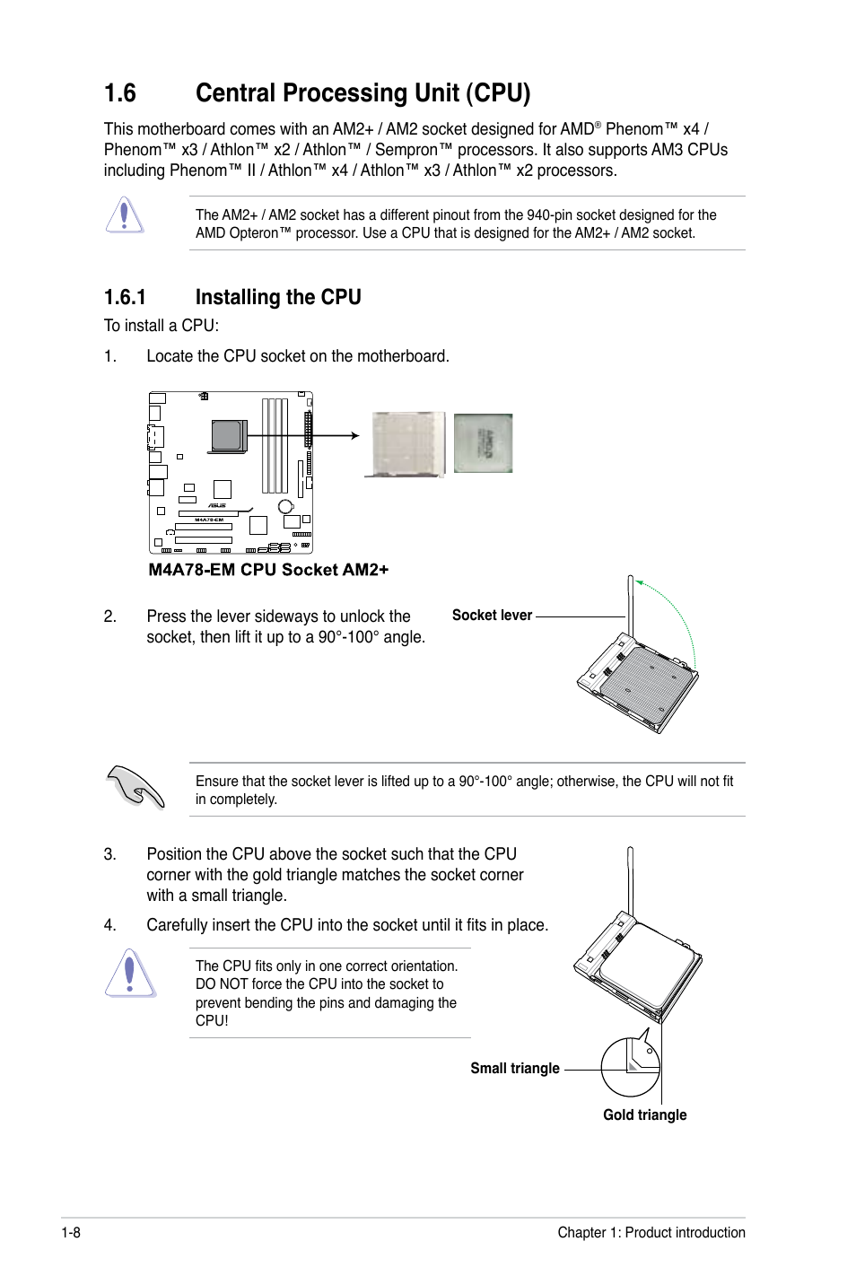 6 central processing unit (cpu), 1 installing the cpu, Central processing unit (cpu) -8 1.6.1 | Installing the cpu -8 | Asus Motherboard M4A78-EM User Manual | Page 20 / 64