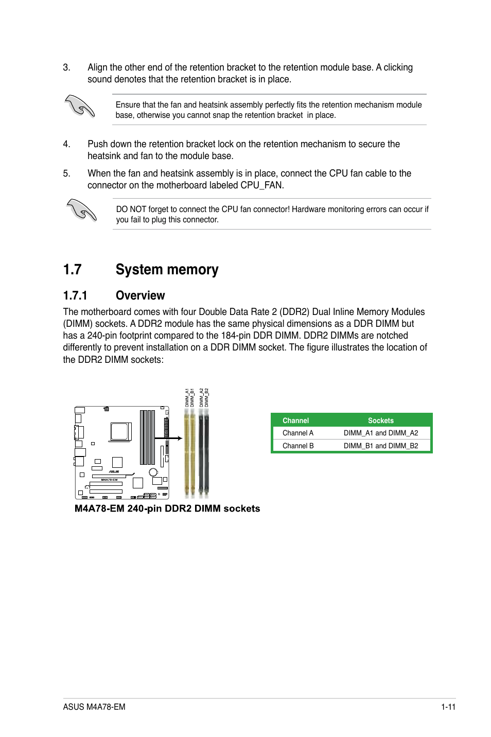 7 system memory, 1 overview, System memory -11 1.7.1 | Overview -11 | Asus Motherboard M4A78-EM User Manual | Page 23 / 64