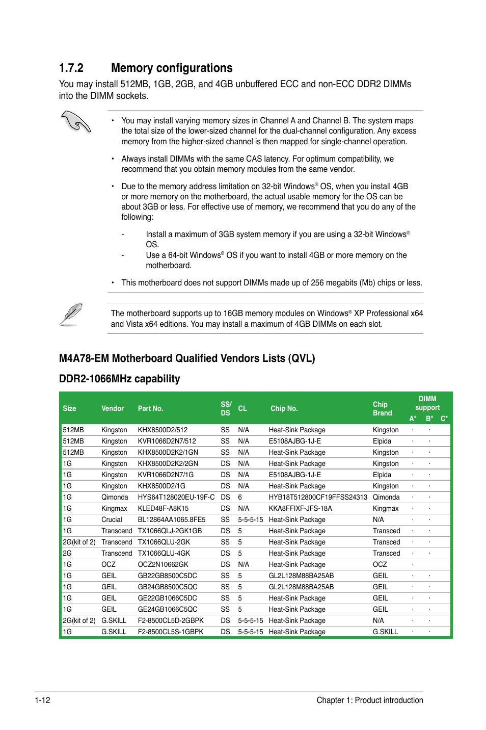 2 memory configurations, Memory configurations -12 | Asus Motherboard M4A78-EM User Manual | Page 24 / 64