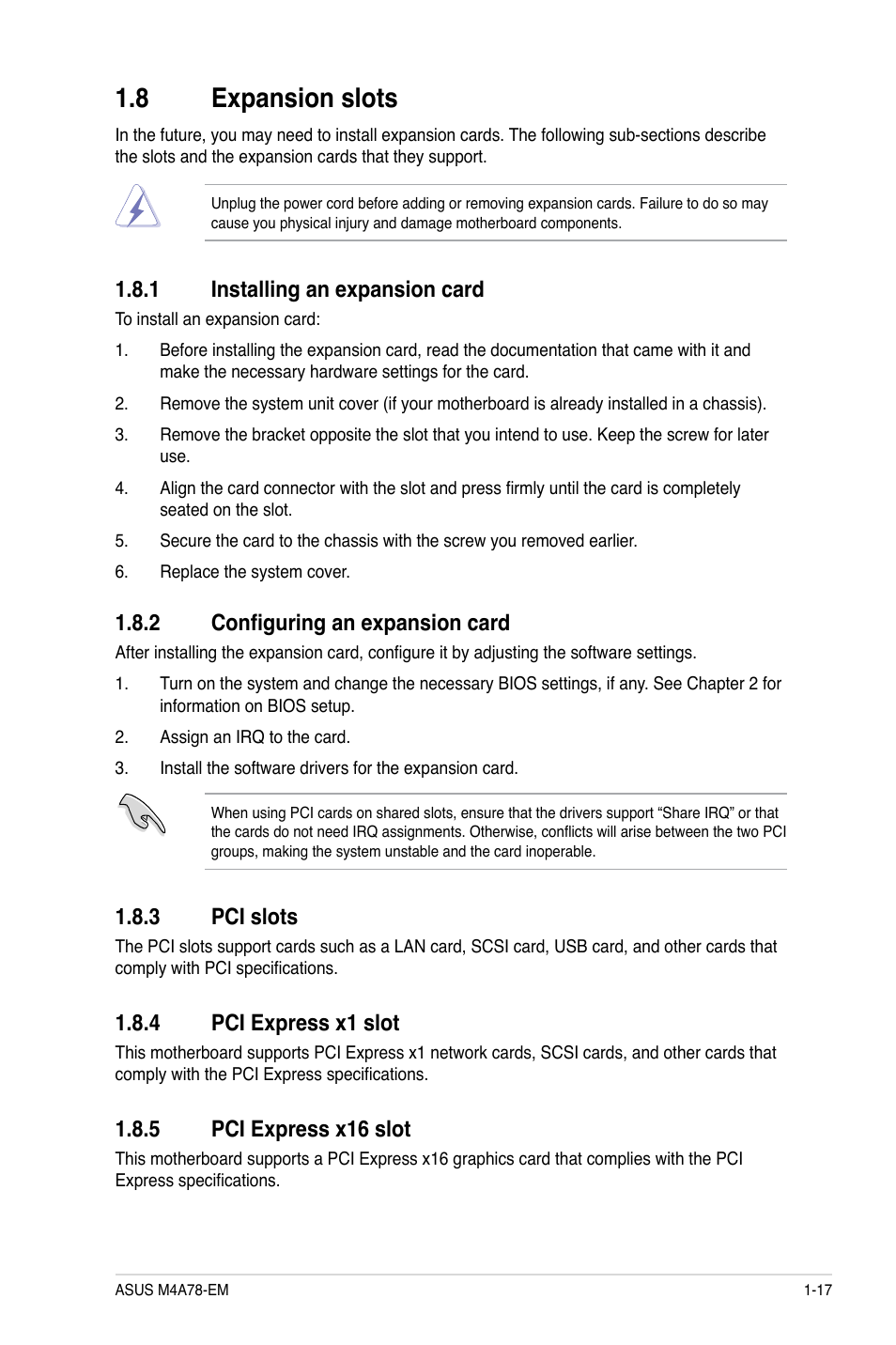 8 expansion slots, 1 installing an expansion card, 2 configuring an expansion card | 3 pci slots, 4 pci express x1 slot, 5 pci express x16 slot, Expansion slots -17 1.8.1, Installing an expansion card -17, Configuring an expansion card -17, Pci slots -17 | Asus Motherboard M4A78-EM User Manual | Page 29 / 64