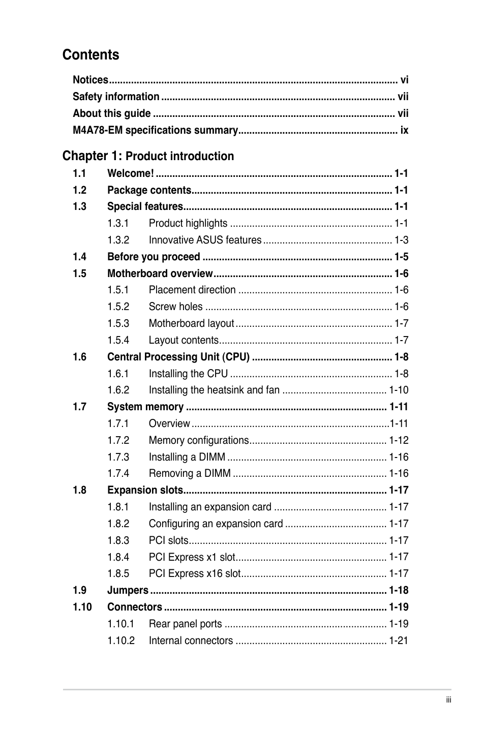 Asus Motherboard M4A78-EM User Manual | Page 3 / 64