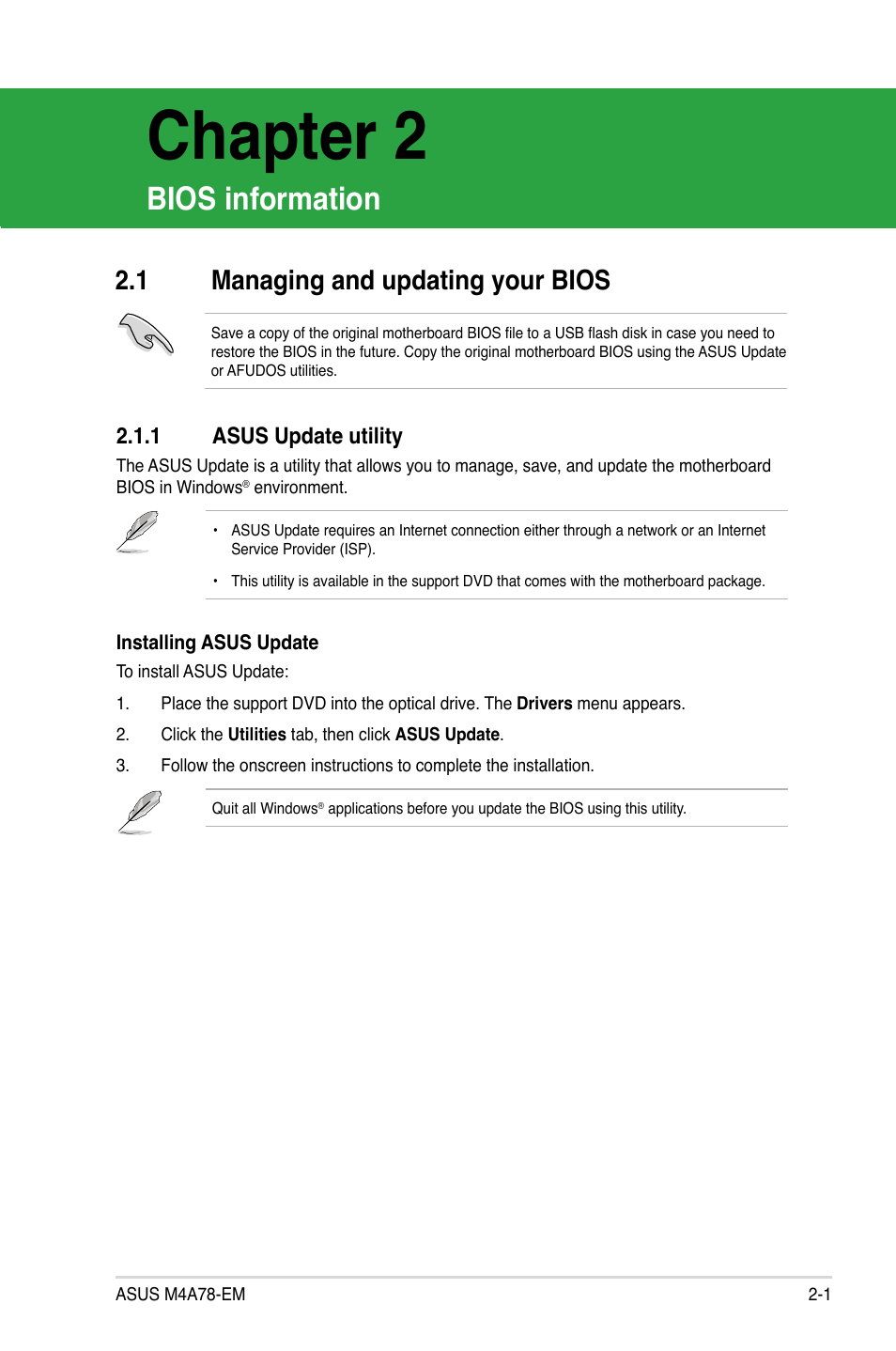 Chapter 2: bios information, 1 managing and updating your bios, 1 asus update utility | Bios information, Managing and updating your bios -1 2.1.1, Asus update utility -1, Chapter 2 | Asus Motherboard M4A78-EM User Manual | Page 43 / 64