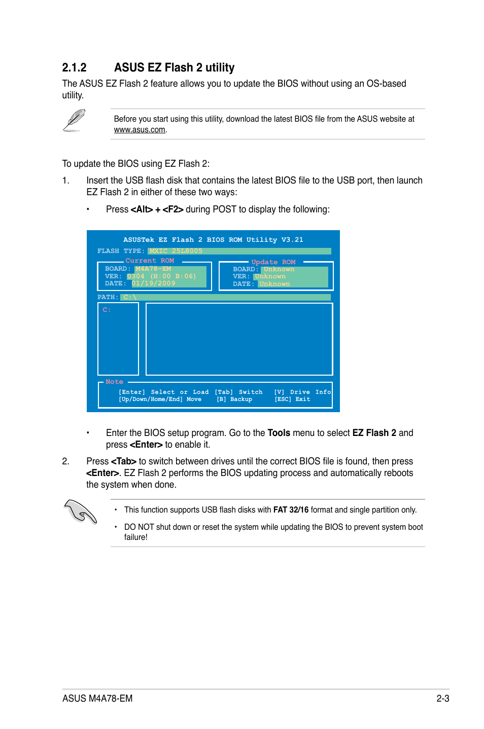 2 asus ez flash 2 utility, Asus ez flash 2 utility -3 | Asus Motherboard M4A78-EM User Manual | Page 45 / 64