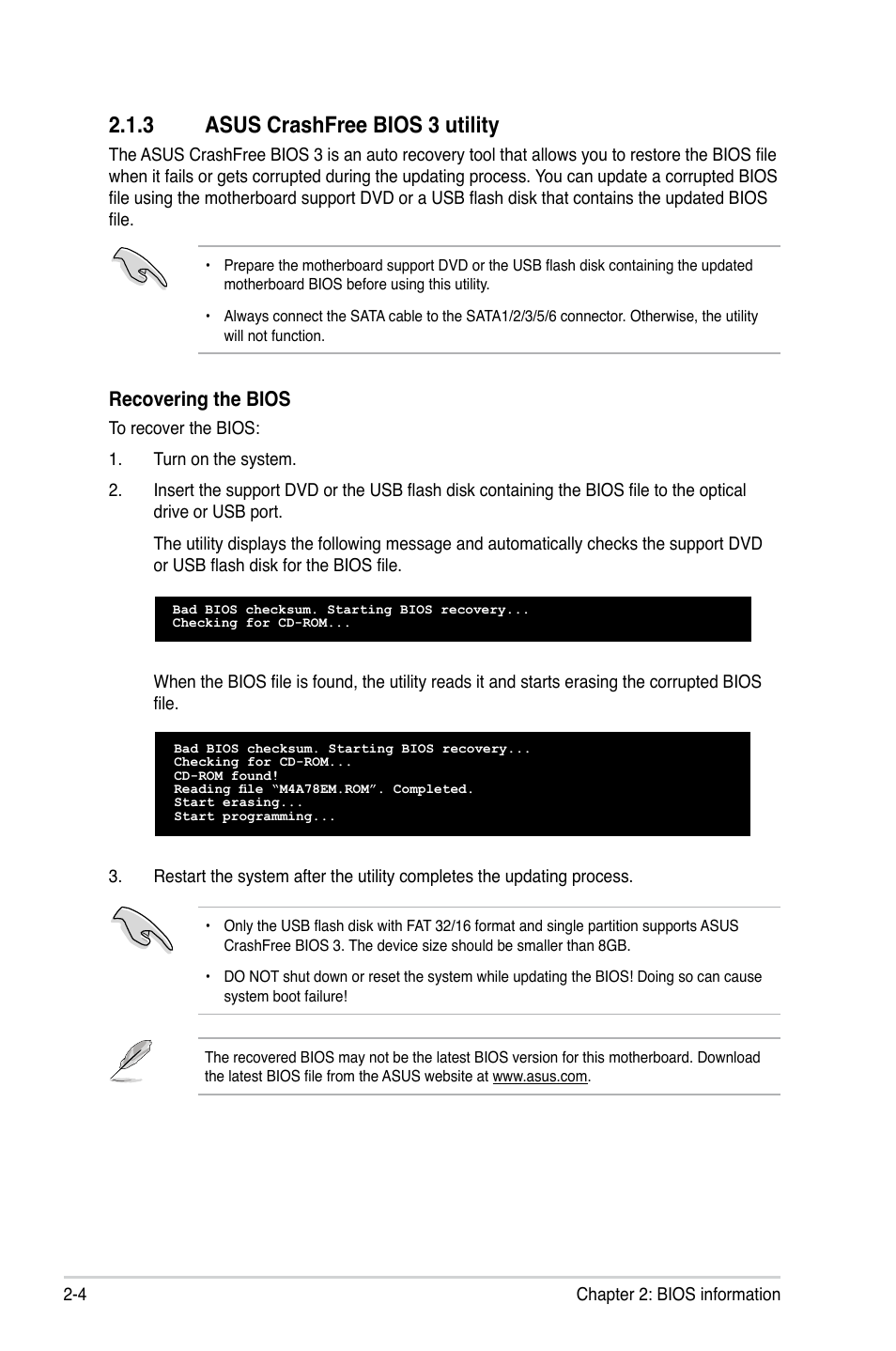 3 asus crashfree bios 3 utility, Asus crashfree bios 3 utility -4, Recovering the bios | Asus Motherboard M4A78-EM User Manual | Page 46 / 64