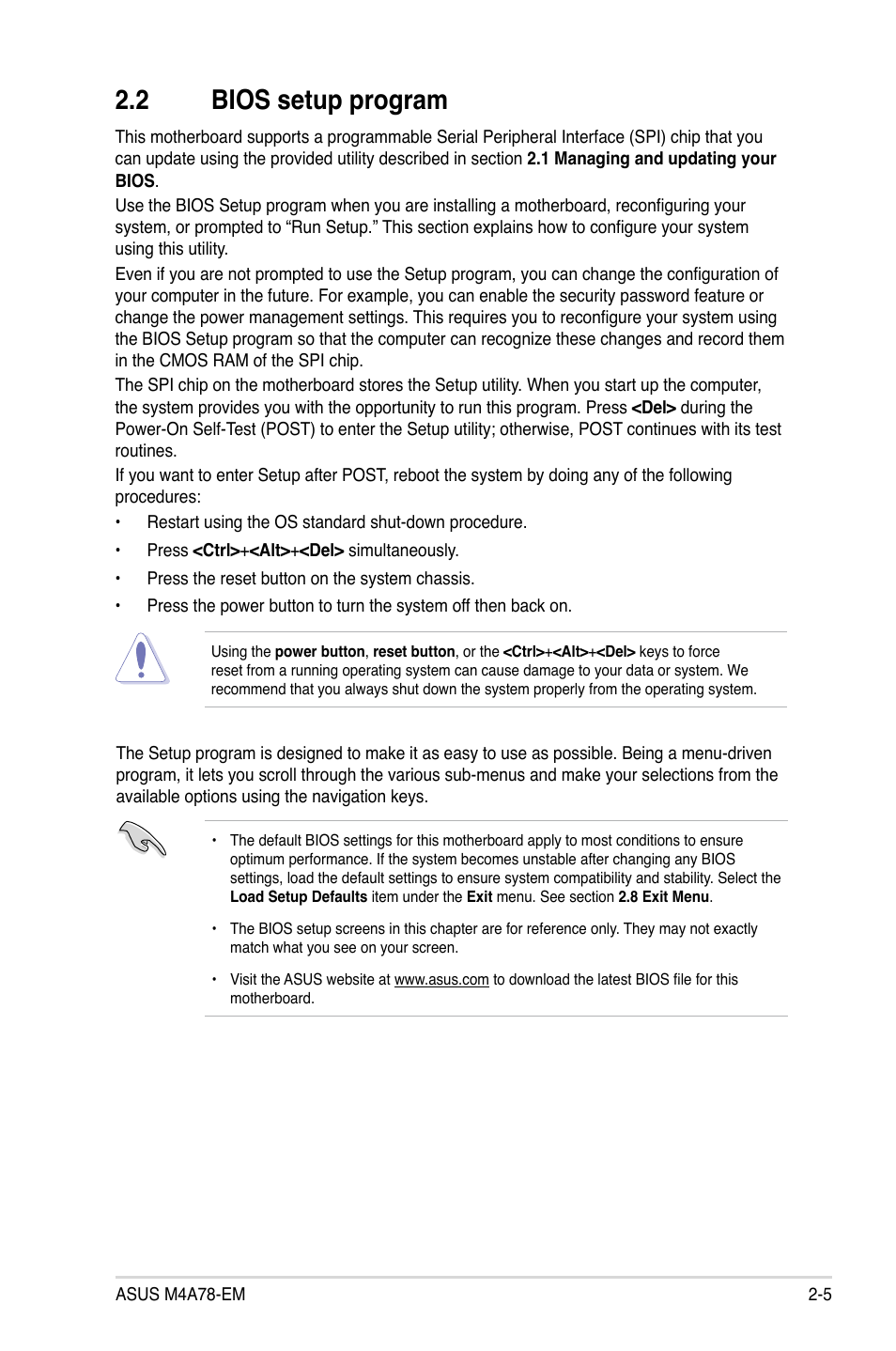 2 bios setup program, Bios setup program -5 | Asus Motherboard M4A78-EM User Manual | Page 47 / 64