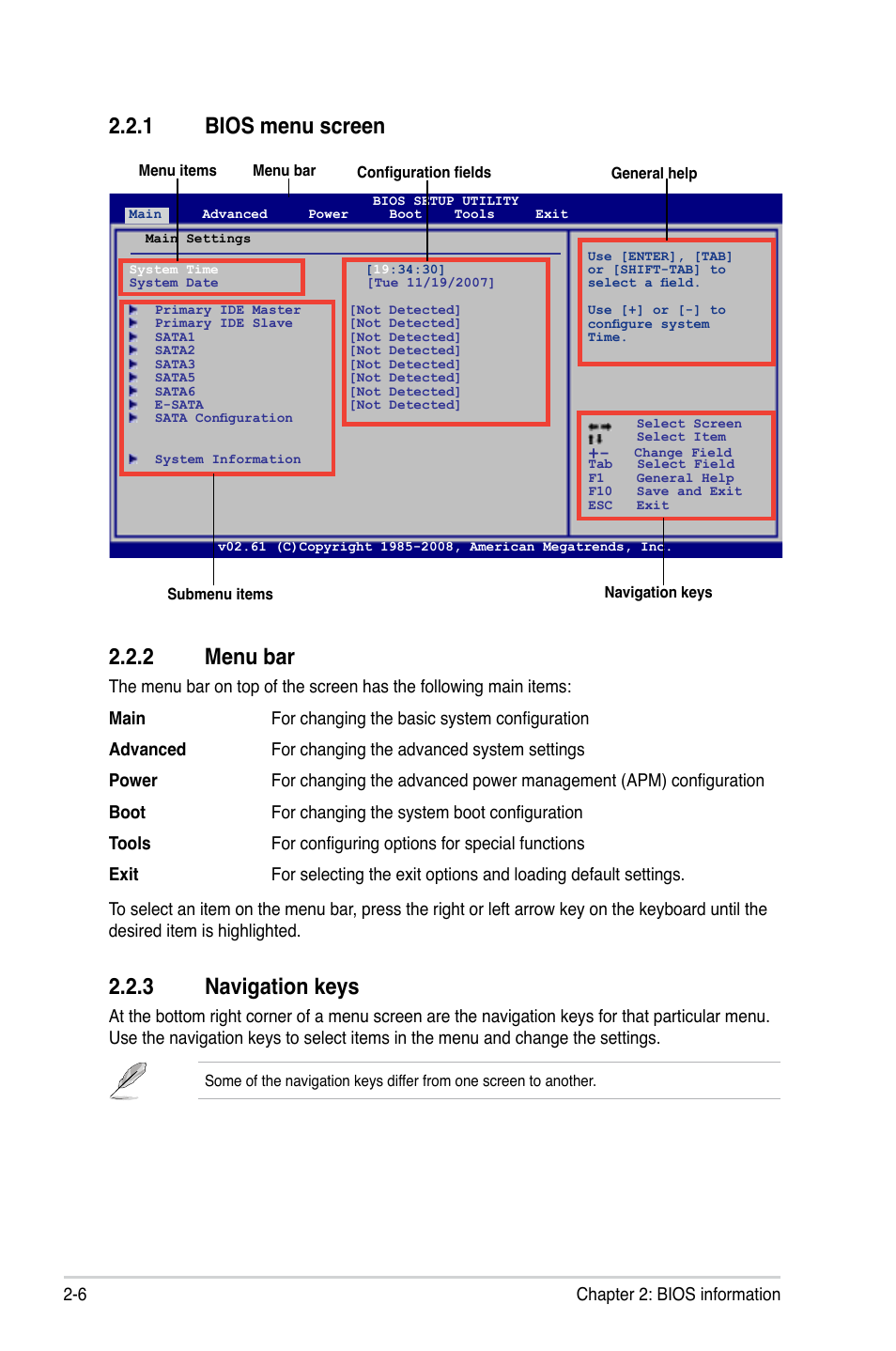 1 bios menu screen, 2 menu bar, 3 navigation keys | Bios menu screen -6, Menu bar -6, Navigation keys -6, 1 bios menu screen 2.2.2 menu bar | Asus Motherboard M4A78-EM User Manual | Page 48 / 64