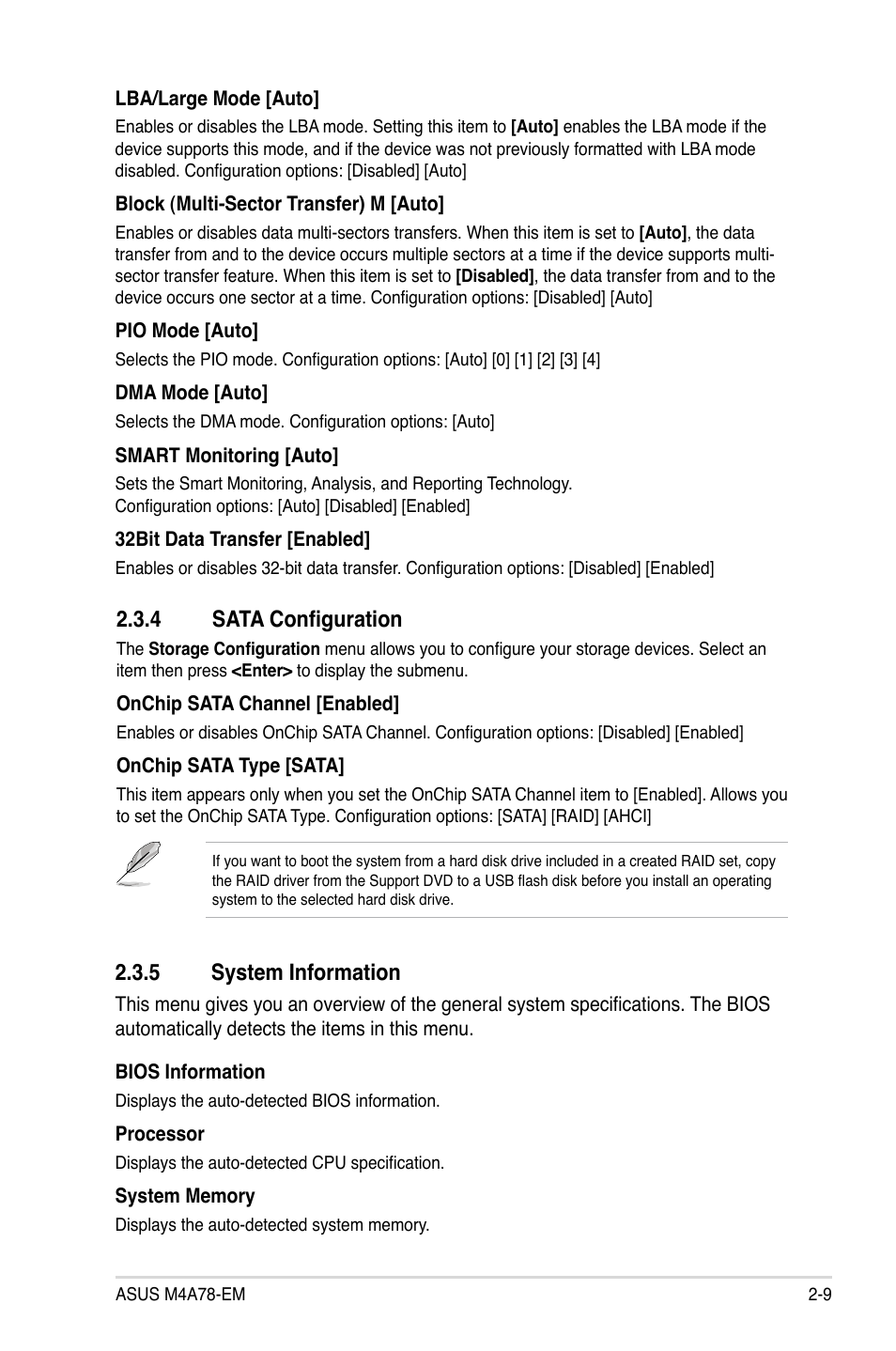 4 sata configuration, 5 system information, Sata configuration -9 | System information -9 | Asus Motherboard M4A78-EM User Manual | Page 51 / 64