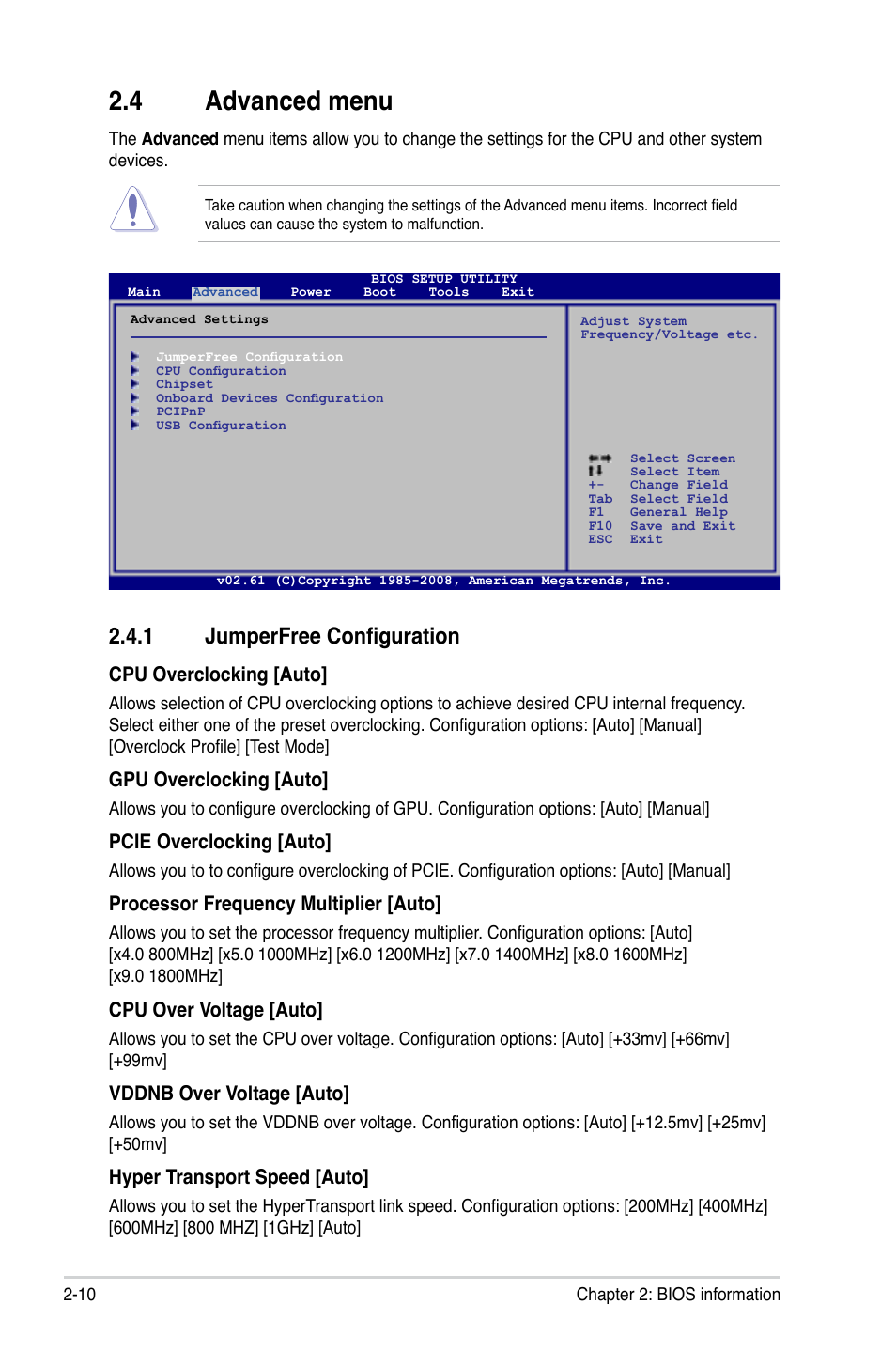 4 advanced menu, 1 jumperfree configuration, Advanced menu -10 2.4.1 | Jumperfree configuration -10 | Asus Motherboard M4A78-EM User Manual | Page 52 / 64