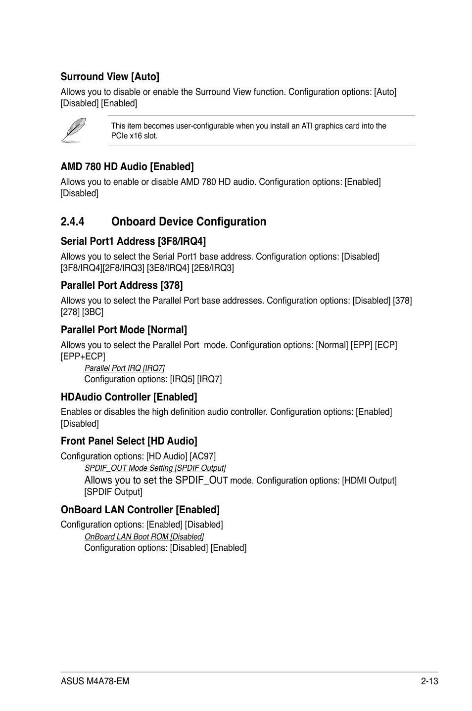 4 onboard device configuration, 4 onboard device configuration -13 | Asus Motherboard M4A78-EM User Manual | Page 55 / 64