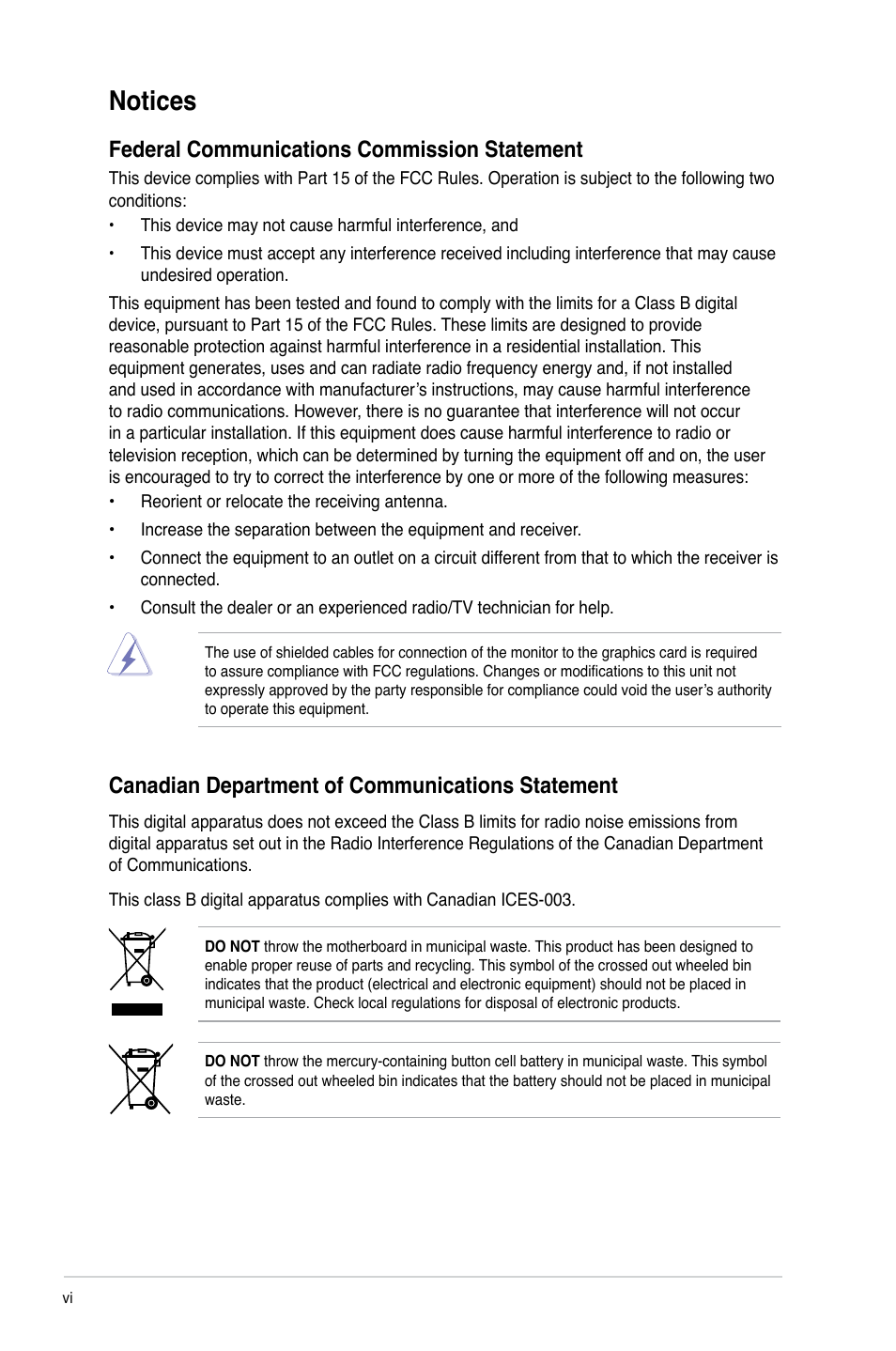 Notices, Federal communications commission statement, Canadian department of communications statement | Asus Motherboard M4A78-EM User Manual | Page 6 / 64