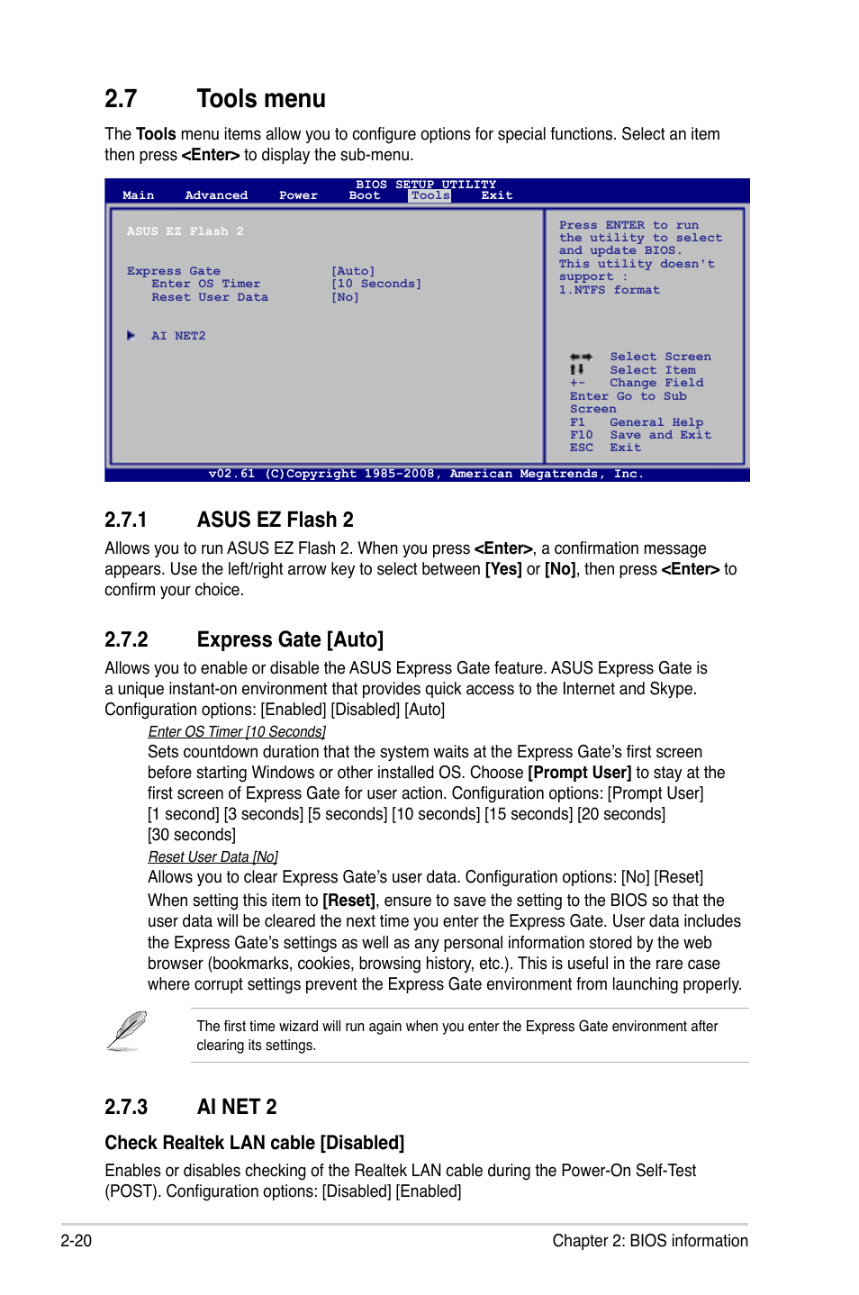 7 tools menu, 1 asus ez flash 2, 2 express gate | 3 ai net 2, Tools menu -20 2.7.1, Asus ez flash 2 -20, Express gate -20, Ai net 2 -20, 2 express gate [auto, Check realtek lan cable [disabled | Asus Motherboard M4A78-EM User Manual | Page 62 / 64