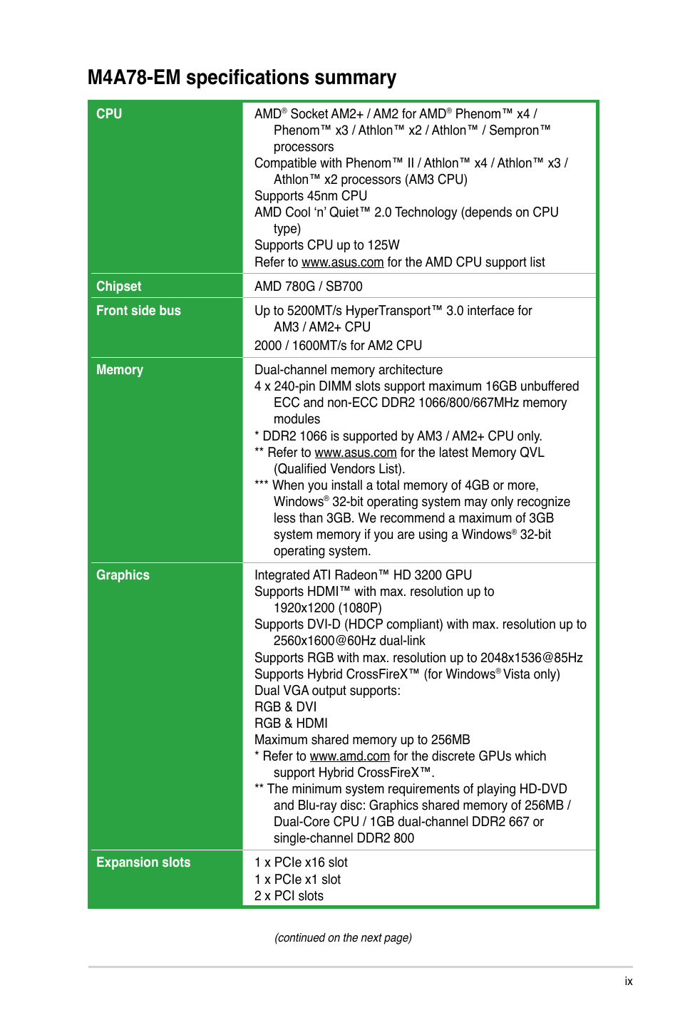 M4a78-em specifications summary | Asus Motherboard M4A78-EM User Manual | Page 9 / 64