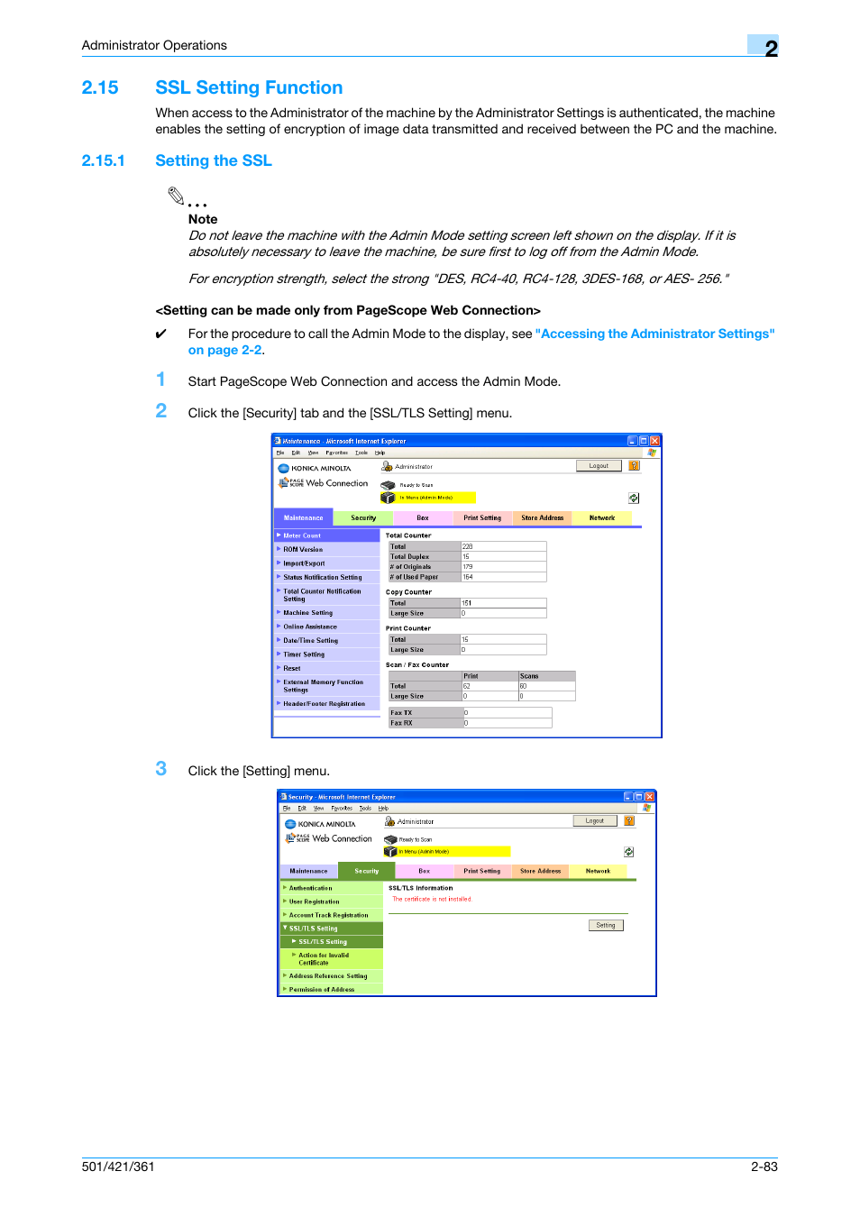 15 ssl setting function, 1 setting the ssl, Ssl setting function -83 | Konica Minolta bizhub 361 User Manual | Page 100 / 217