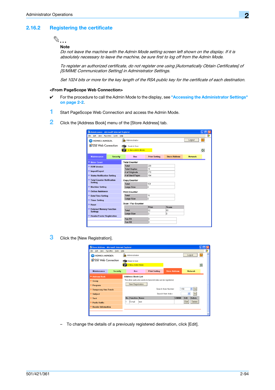 2 registering the certificate, Registering the certificate" on | Konica Minolta bizhub 361 User Manual | Page 111 / 217