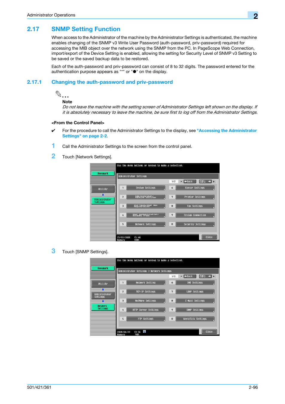 17 snmp setting function, 1 changing the auth-password and priv-password, From the control panel | Snmp setting function -96 | Konica Minolta bizhub 361 User Manual | Page 113 / 217